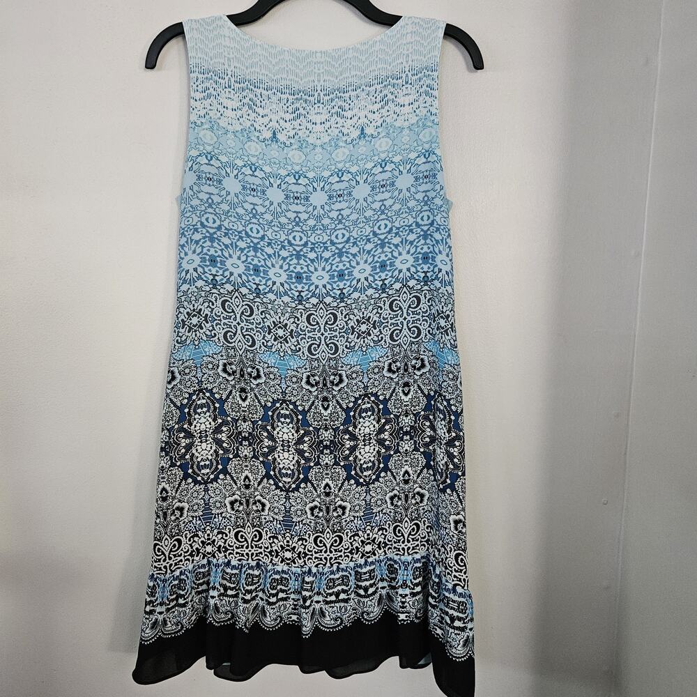 White House Black Market WHBM Beaded Neck Swingy Dress Sz S Blue Black Cream - Picture 2 of 11